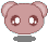 Pixelated pink bear head with rounded ears, white eyes with brown pupils, and a small rectangular mouth on gray background.