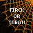 Pixelated orange spiderweb background with white text reading "TIRCK OR TREAT!" in three lines, displayed across multiple
