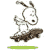 Pixelated cartoon icon of a white dog with brown ears and nose standing on a dark brown object, with a green horizontal bar below the main image.