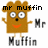 Pixelated brown character with glasses and orange smile, arms raised, text above reads 'mr muffin loves faith!' in black block letters.