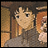Pixelated anime-style contact sheet showing two frames of an animated buddy icon with a character and text elements on black background.