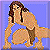 Pixelated image of a woman with long brown hair in a crouched pose, wearing a light blue top and brown shorts against a solid blue background.