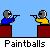 Pixel art animation of two figures in paintball gear firing at each other from red bunkers, with colored projectiles and 'Paintballs' text below.