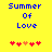 Yellow background with blue pixelated text 'Summer Of Love' and five red/orange heart icons below, two versions showing heart animation.