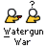 Animated contact sheet of 18 frames showing a yellow stick figure with white head firing water from red gun at another identical figure, with text changes and blue splash effects across frames.