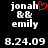 Two side-by-side pixelated text displays with 'jonah', 'B&B', 'emily', and date '8.24.09' on black background; left display has red heart symbol replacing 'h' in 'jonah'.