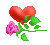 Pixelated heart-shaped icon with pink rose and green leaves on gray background, showing two color variations.