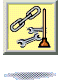 Yellow background with wrenches, a chain, and a brown base; a hand appears and disappears in different frames.