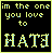 Two side-by-side pixel art frames showing text with the word HATE changing color from yellow to blue on a black background.
