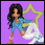 Pixel art icon of a female character dancing with text elements on black background.