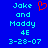 Blue background with cyan pixelated text reading "Jake and Moddy 4E 3-28-07" on both sides, red heart symbol between them.