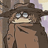 Animated character in brown hat and coat adjusts binoculars against a muted background.