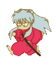 Pixel art character with light blue hair and glasses in red robe, holding black sword across body, shown in three poses against gray background.