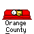 Red rectangular base with two cartoon faces above it; text below reads 'Orange County' with varying speech bubble text above.