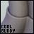 Pixelated static buddy icon featuring a gray 3D-rendered object with rounded edges and curved lines, overlaid with bold black text reading "COOL BUDDY" at the bottom left.