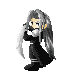 Pixelated character with long gray hair in black outfit holding a sword, shown in six sequential poses with varying hair and sword positions.