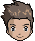 Pixel art head with brown hair and blue eyes showing six distinct facial expressions across three on gray background