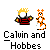 A static contact sheet showing two identical Calvin and Hobbes buddy icons with pixelated characters, text labels, and a promotional URL on a gray background.