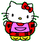 Pixelated Hello Kitty character with red bow, pink shirt, and yellow pants against gray background; two side-by-side views show differing eye positions.
