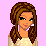 Pixel art of a female character with long brown hair, wearing an off-shoulder top and flared jeans against a pink background.