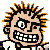 Pixelated cartoon character with spiky hair and exaggerated grin on left, green text "Original Icons .com" on right against dark background.