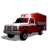 Red and white ambulance with flashing red lights on roof, viewed from front-left angle across showing slight rotation
