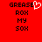 Red background with black pixelated text 'GREASE', 'ROX', 'MY', 'SOX' arranged in two , one featuring a white pixelated heart symbol replacing the 'E' in 'GREASE'