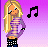 Pixel art contact sheet of a blonde cartoon girl in striped shirt and polka-dot pants with musical notes, displaying animation frames and text panels on purple gradient background.