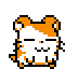 Pixelated orange and white hamster-like character in nine distinct poses on gray background, showing varied expressions and body positions.