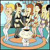 Animated cartoon scene with multiple characters in a room, featuring one character in the foreground wearing a white sailor uniform and hat.