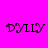 Four display the word 'DYLLY' in pixelated black text against solid backgrounds of pink, purple, blue, and purple