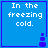 Four blue square with white text "In the freezing cold." and small purple pixelated icons in the bottom-right corners