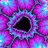 Pixelated abstract composition with central black void surrounded by radiating cyan and magenta pixel clusters on a purple background.