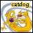 A 48x48 pixel animated buddy icon featuring a yellow cartoon character with purple eyes and red nose, displayed in two side-by-side frames showing slight animation differences against a white background.