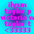 Four identical pixelated icons display pink text on a blue background with purple gradient effects.