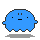 Two pixelated blue ghost-like characters with black outlines and facial features displayed side-by-side on a gray background, each casting a subtle shadow below.