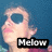 Pixelated profile of a person with light skin and pink lips wearing dark sunglasses against a blue background, with 'Mellow' text in white on black at bottom right.