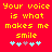Red background with yellow pixelated text reading 'Your voice is what makes me smile' and five small heart symbols below.