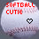 Two side-by-side animated frames of a softball-themed buddy icon with red text and pixelated heart symbol on textured ball background.
