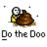 A 4-frame animated contact sheet showing a pixel art character performing an action with a poop emoji, repeated across four panels with identical text below each frame.