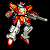 Pixelated robot with red and orange torso, silver limbs, white chest plate, and glowing feet against black background.