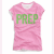 Pink short-sleeve t-shirt with green 'PREP' text on front, displayed in two side-by-side views showing identical static content.