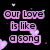 Pixelated pink text on black background with floating heart shapes, displaying song lyrics in two