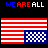 Pixelated American flag design with red and white stripes and blue checkered stars, displayed across multiple with changing text above and below