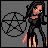 Pixel art icon of a gothic-styled character with long black hair, green eyes, and orange skin holding a large pentagram symbol against a gray background.