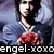 A person in a blue top holds a red rose against a purple background with white text reading 'angel-xoxo' at the bottom.