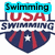 USA Swimming logo with red, white, and blue colors; text overlays change from 'Swimming' to 'B' to 'awesome'; shield-shaped design with star and stripes.