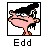 Pixelated cartoon character with pink body, black hair, and orange feet inside a black square frame, with "Edd" text below the icon.