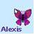 Pixelated static buddy icon featuring a purple butterfly with pink accents on a light blue background and the name "Alexis" in dark blue text below.