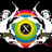 A pixelated static icon features a central rainbow-colored circular gradient with a black-and-white checkered core, flanked by white and black abstract shapes resembling stylized eyes or wings against a black background.